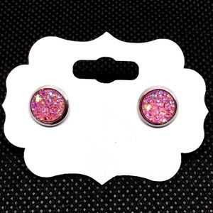 Pink & Silver Crystal Druzy Style Stud Earrings